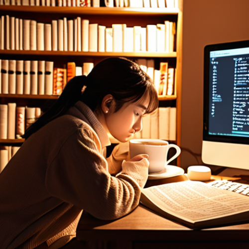 **

A translator hunched over a desk, surrounded by stacks of books and a glowing computer screen displaying lines of text in different languages. The scene is bathed in soft, warm light, emphasizing the dedication and focus required for translation. Small details like a steaming mug of tea and scattered notes add to the atmosphere. Keywords: translator, desk, languages, books, computer, dedication, focus, warm light, cozy.

**
