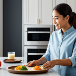 A modern woman in modest casual attire, comfortably multitasking in a bright, contemporary kitchen. She is talking naturally to a sleek voice assistant speaker on the counter, with one hand preparing food and the other gesturing slightly. The scene emphasizes ease and efficiency in a smart home environment. fully clothed, appropriate attire, safe for work, correct proportions, natural pose, well-formed hands, proper finger count, natural body proportions, appropriate content, modest, family-friendly, professional photography, high resolution, detailed, studio lighting.