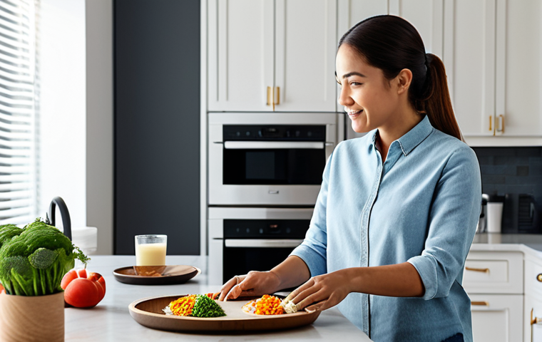 A modern woman in modest casual attire, comfortably multitasking in a bright, contemporary kitchen. She is talking naturally to a sleek voice assistant speaker on the counter, with one hand preparing food and the other gesturing slightly. The scene emphasizes ease and efficiency in a smart home environment. fully clothed, appropriate attire, safe for work, correct proportions, natural pose, well-formed hands, proper finger count, natural body proportions, appropriate content, modest, family-friendly, professional photography, high resolution, detailed, studio lighting.