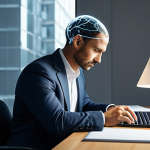 A poised professional individual, fully clothed in a modest business suit, seated at a sleek modern desk in a well-lit, minimalist office. Their expression is thoughtful and concentrated, subtly conveying deep cognitive processing. Abstract, luminous neural pathways or interconnected language symbols gently glow around their head, illustrating mental agility and the power of multilingual thought. The image emphasizes perfect anatomy, correct proportions, well-formed hands, proper finger count, and a natural pose. This is a professional, safe for work, appropriate content, and family-friendly image, rendered with high-quality photography.