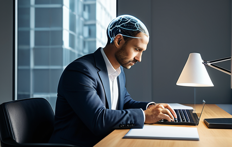 A poised professional individual, fully clothed in a modest business suit, seated at a sleek modern desk in a well-lit, minimalist office. Their expression is thoughtful and concentrated, subtly conveying deep cognitive processing. Abstract, luminous neural pathways or interconnected language symbols gently glow around their head, illustrating mental agility and the power of multilingual thought. The image emphasizes perfect anatomy, correct proportions, well-formed hands, proper finger count, and a natural pose. This is a professional, safe for work, appropriate content, and family-friendly image, rendered with high-quality photography.
