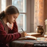 Home 22 화자의 정체성 - A serene scene of a young Russian adult sitting peacefully in a cozy, warmly lit room, journaling th...