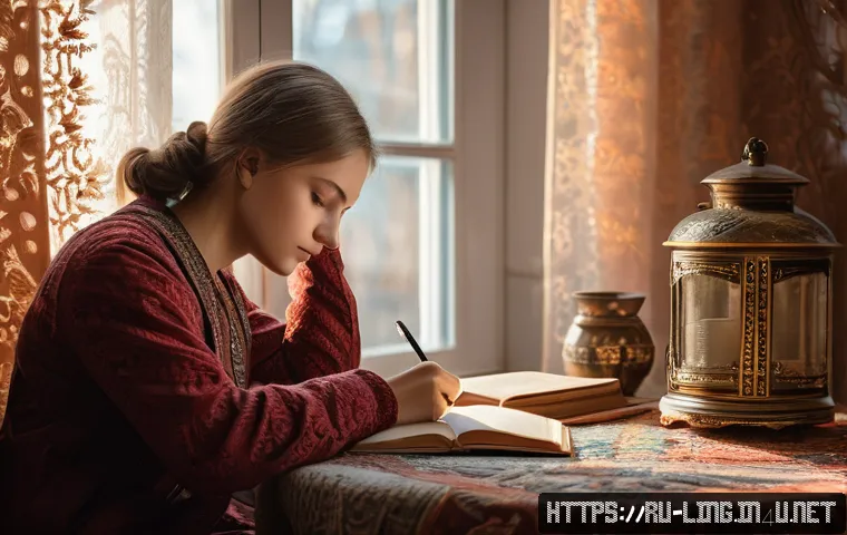 화자의 정체성 - A serene scene of a young Russian adult sitting peacefully in a cozy, warmly lit room, journaling th...