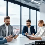 Home 21 자연어 처리 애플리케이션 - A futuristic office environment in Moscow featuring a diverse group of people using voice-activated ...