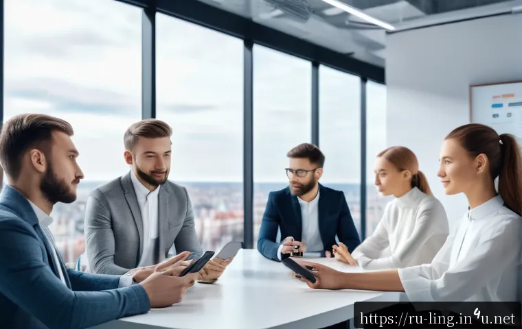 자연어 처리 애플리케이션 - A futuristic office environment in Moscow featuring a diverse group of people using voice-activated ...