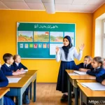 Home 20 언어 정책 연구 - A vibrant multicultural classroom in a rural Russian region, featuring children of diverse ethnic ba...