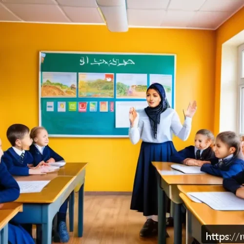 Home 32 언어 정책 연구 - A vibrant multicultural classroom in a rural Russian region, featuring children of diverse ethnic ba...
