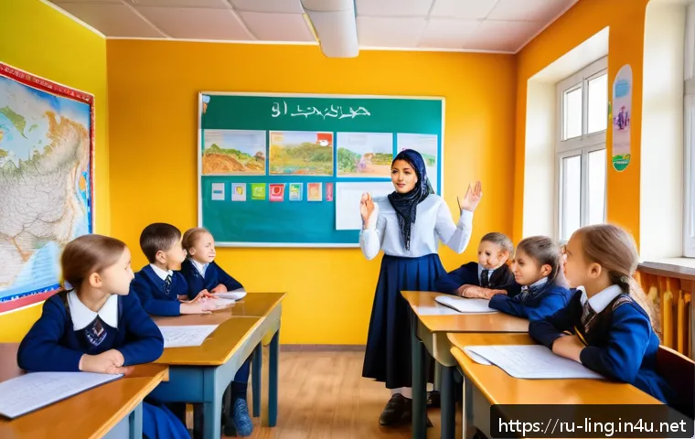 언어 정책 연구 - A vibrant multicultural classroom in a rural Russian region, featuring children of diverse ethnic ba...