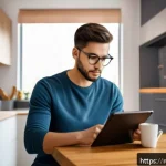 Home 19 언어 교육학 - A modern language learner using an AI-powered language app on a sleek tablet in a cozy home setting,...