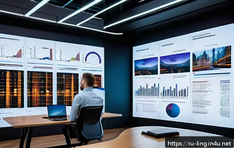 BERT와 문맥 이해 - A futuristic office scene in Moscow where diverse professionals analyze large digital screens displa...