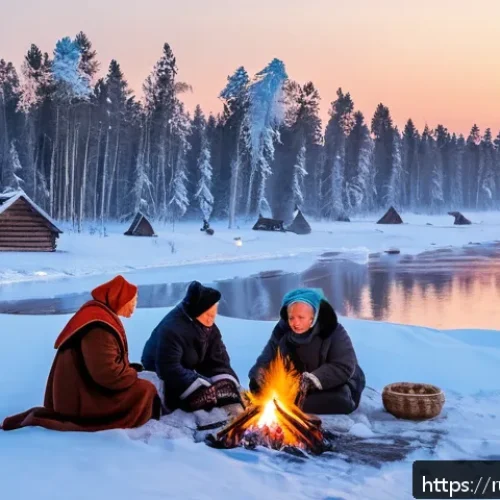 Home 17 방언학 연구 - A vivid scene depicting a traditional northern Russian village in Arkhangelsk region during early wi...