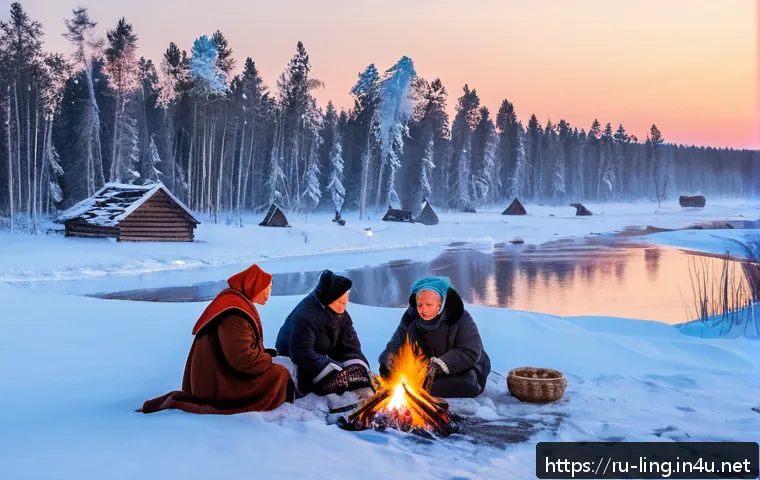 방언학 연구 - A vivid scene depicting a traditional northern Russian village in Arkhangelsk region during early wi...