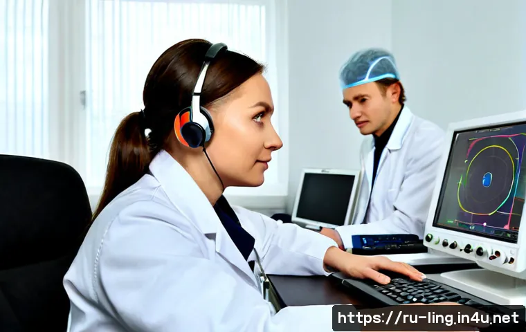 Home 17 신경언어학 연구 - Photorealistic neurolinguistics research laboratory in Moscow, Russian adult scientist wearing a whi...