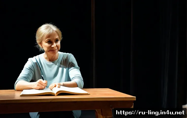 연극 대사와 의미론 - Photorealistic Russian theater rehearsal, a middle-aged actress and director seated across a small w...