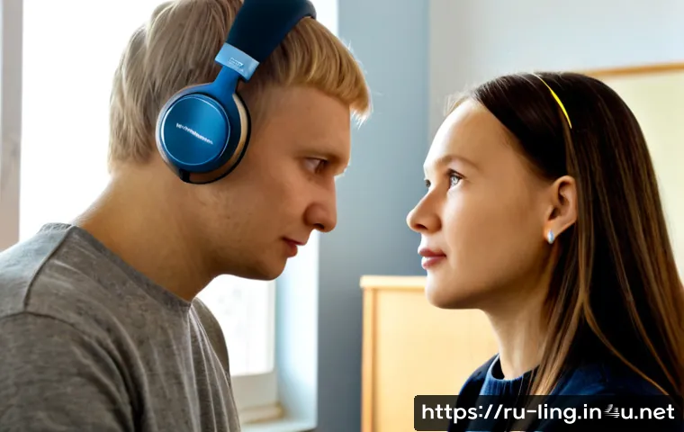 음운론 기초 - Photorealistic Russian university linguistics classroom, an adult student wearing headphones and car...